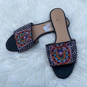 Embroidered black summer slides